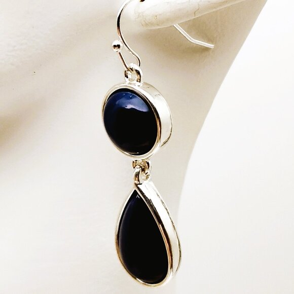 Liz Claiborne Two-tier Drop-Dangle Earrings Deep Navy Silver-tone Bezel - Picture 1 of 11